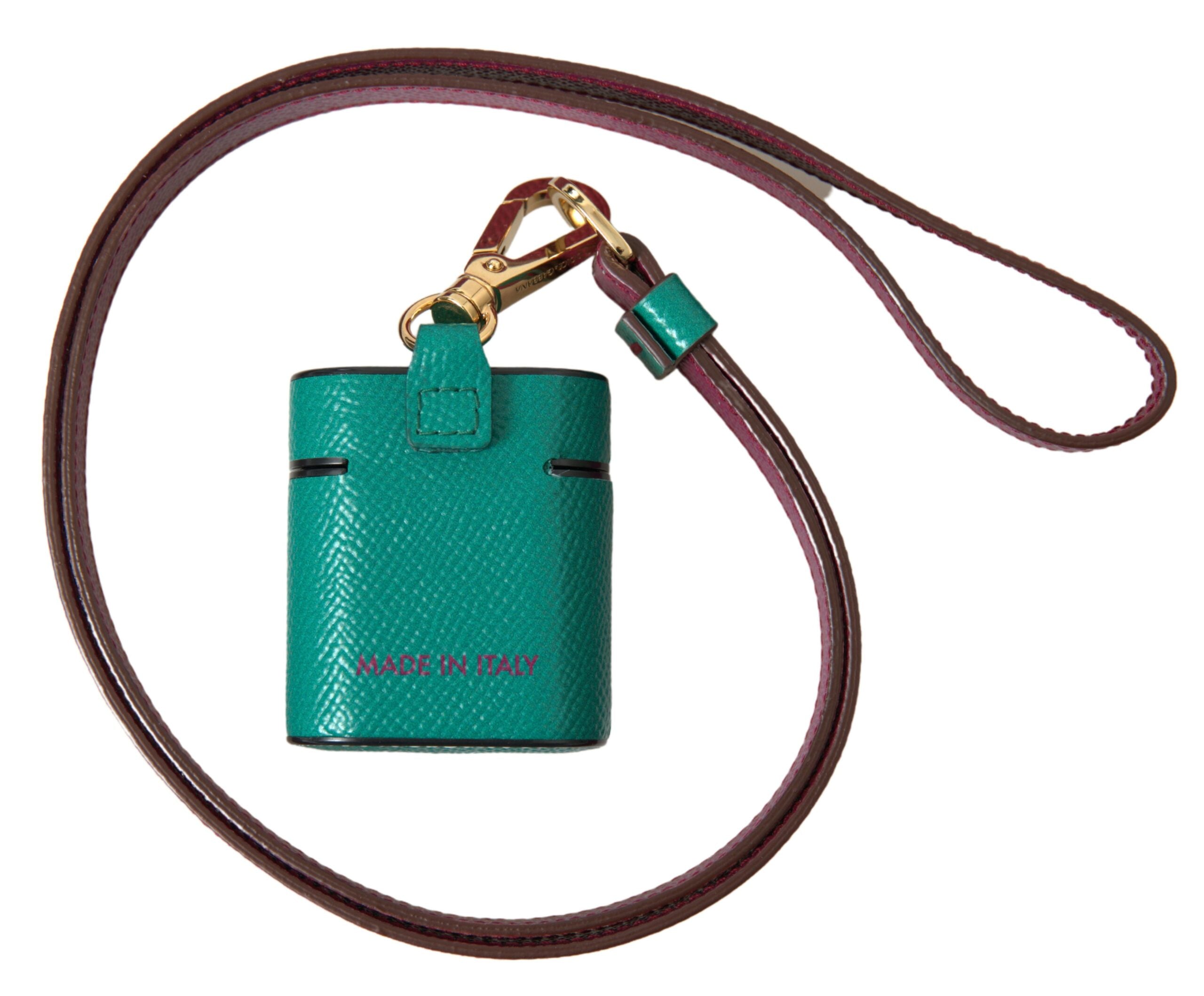 Dolce & Gabbana Grünes kastanienbraunes Kalbsleder Logo Print Riemen Airpods Etui