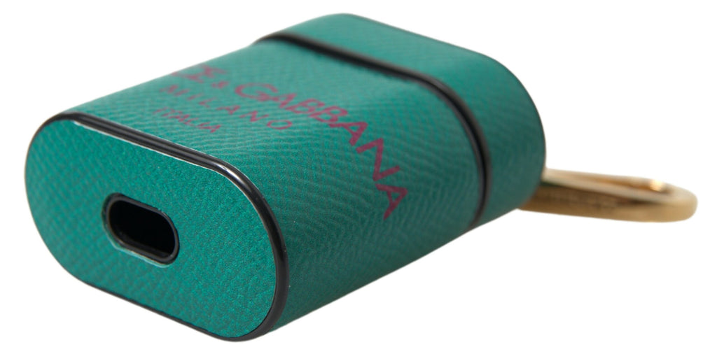 Dolce & Gabbana Grünes kastanienbraunes Kalbsleder Logo Print Riemen Airpods Etui