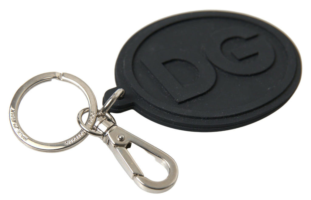 Dolce & Gabbana Schwarzer Gummi DG Logo Silber Messing Metall Schlüsselanhänger