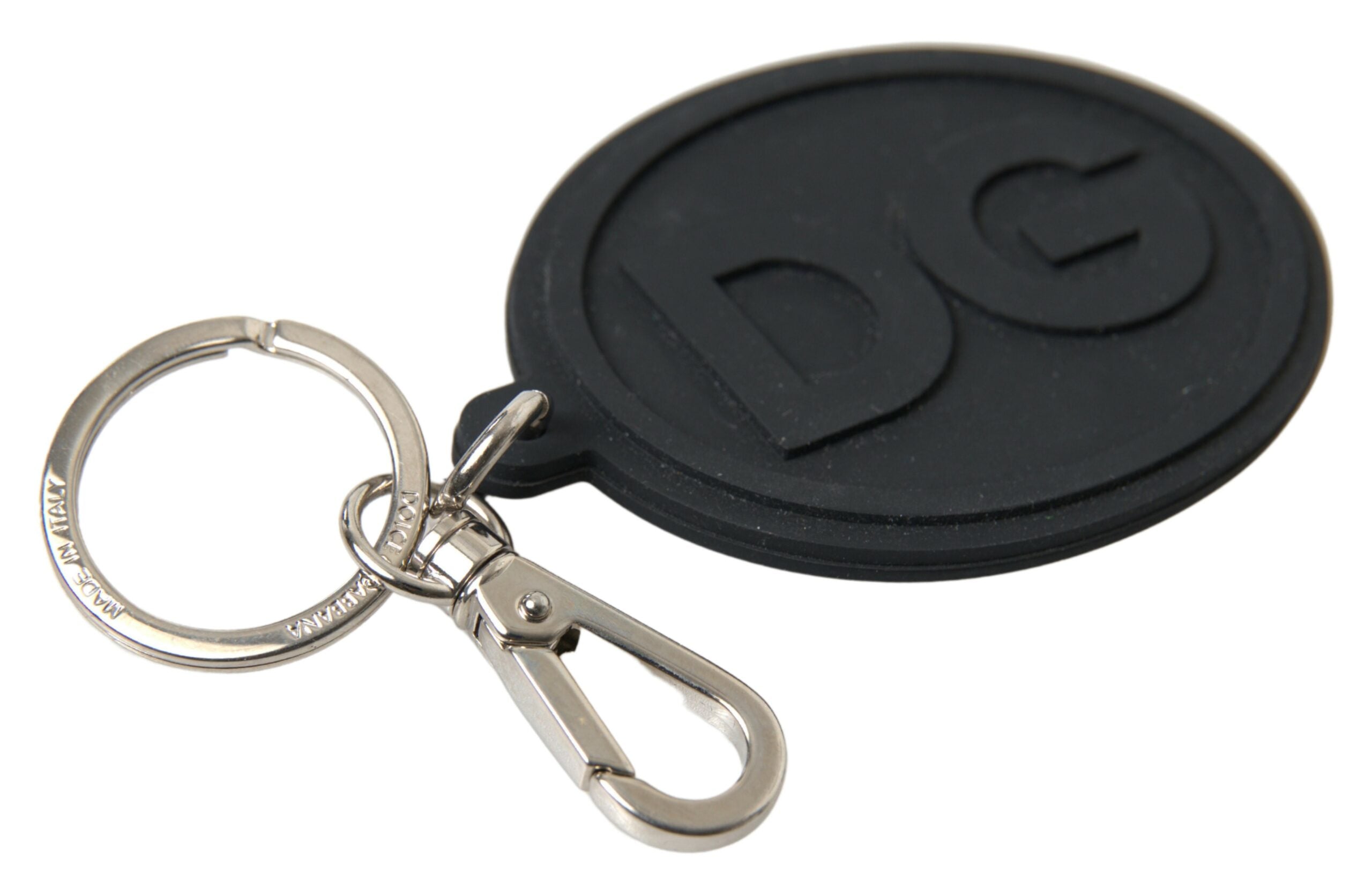 Dolce & Gabbana Schwarzer Gummi DG Logo Silber Messing Metall Schlüsselanhänger
