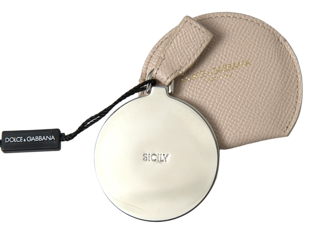 Dolce & Gabbana Beige Kalbsleder Rundes Logo Handspiegelhalter