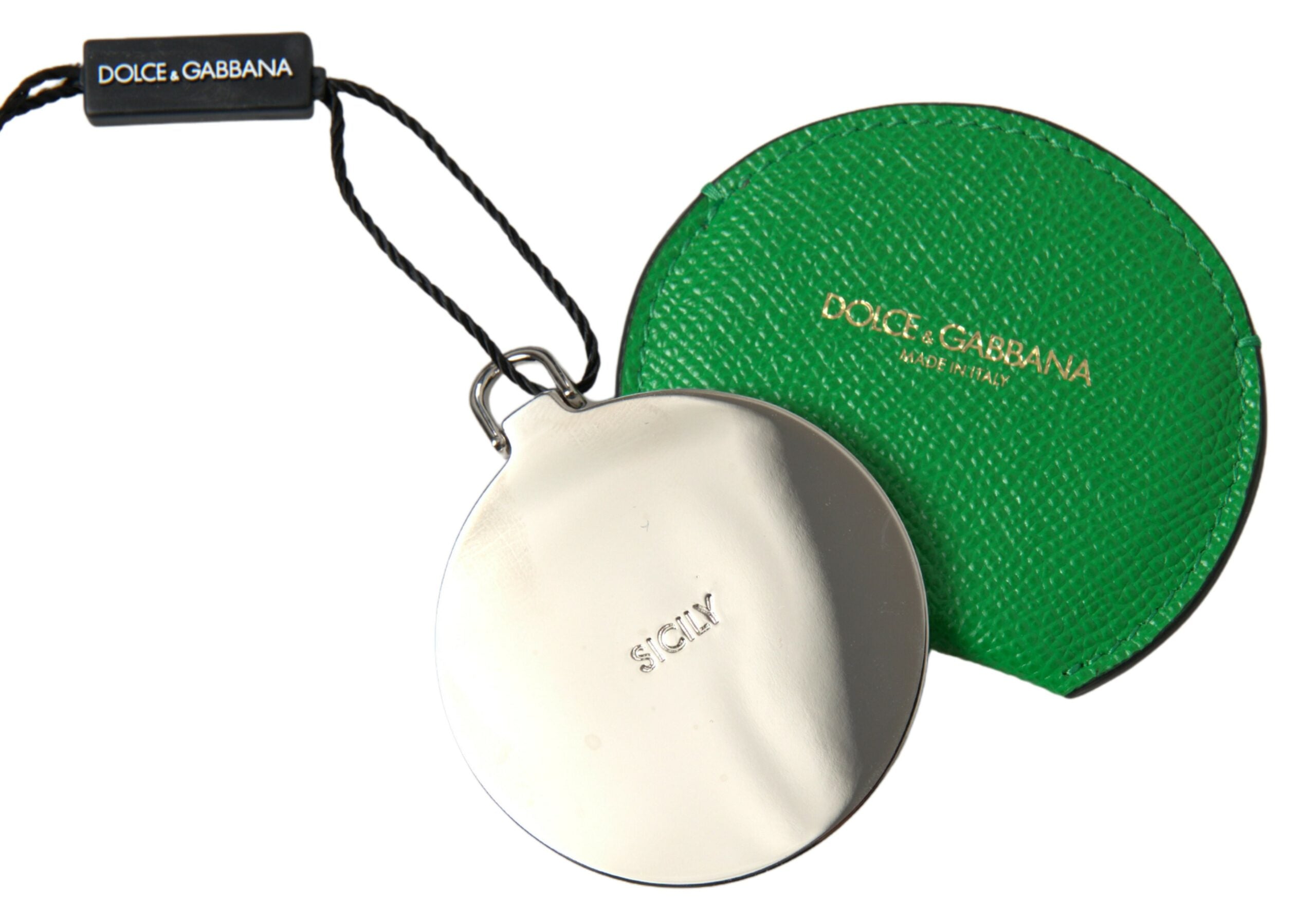 Dolce & Gabbana Grüner Handspiegelhalter aus Kalbsleder mit rundem Logo