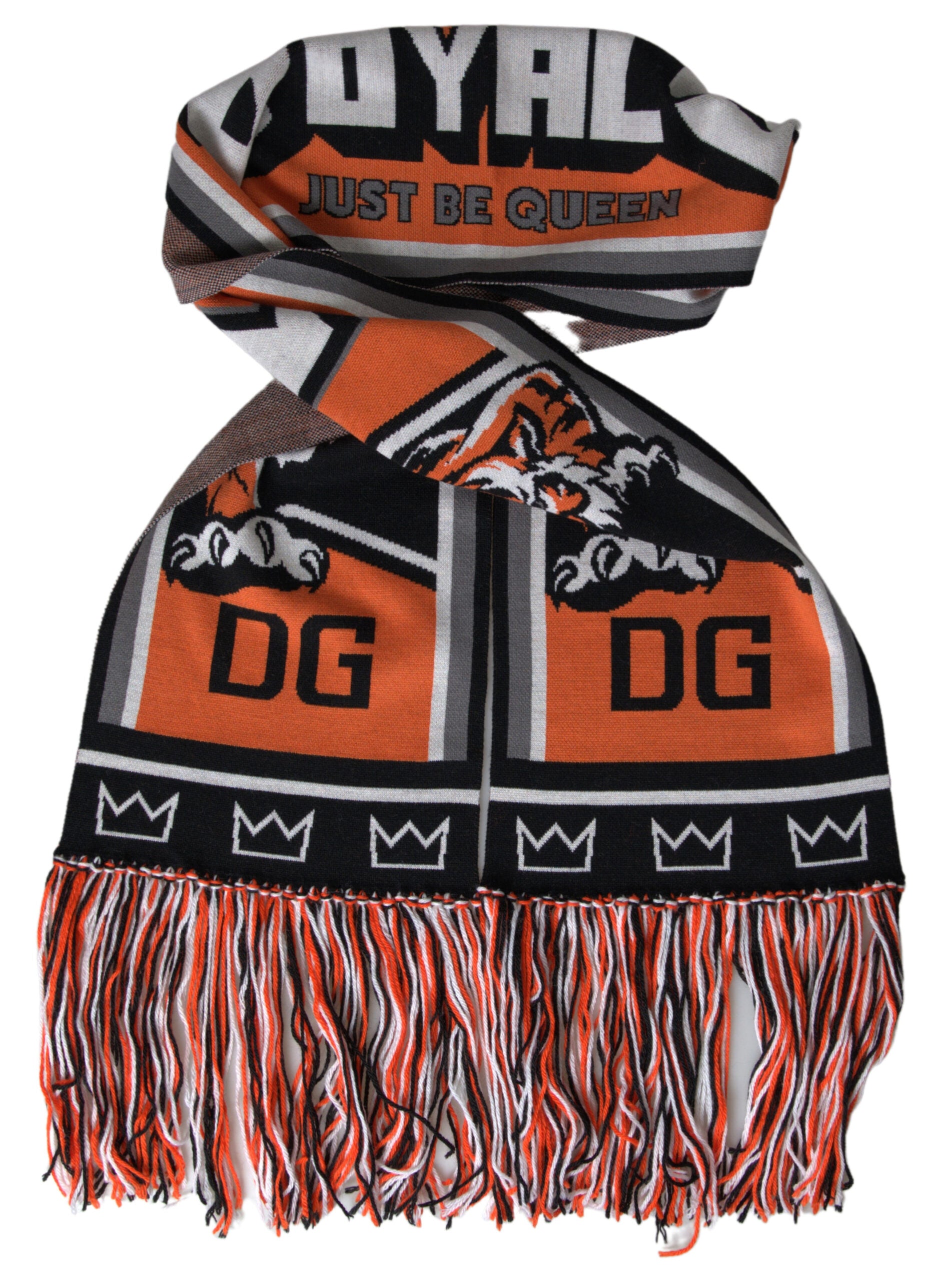 Dolce & Gabbana Mehrfarbiger Schal aus Wolle mit DG Royals und Fransen