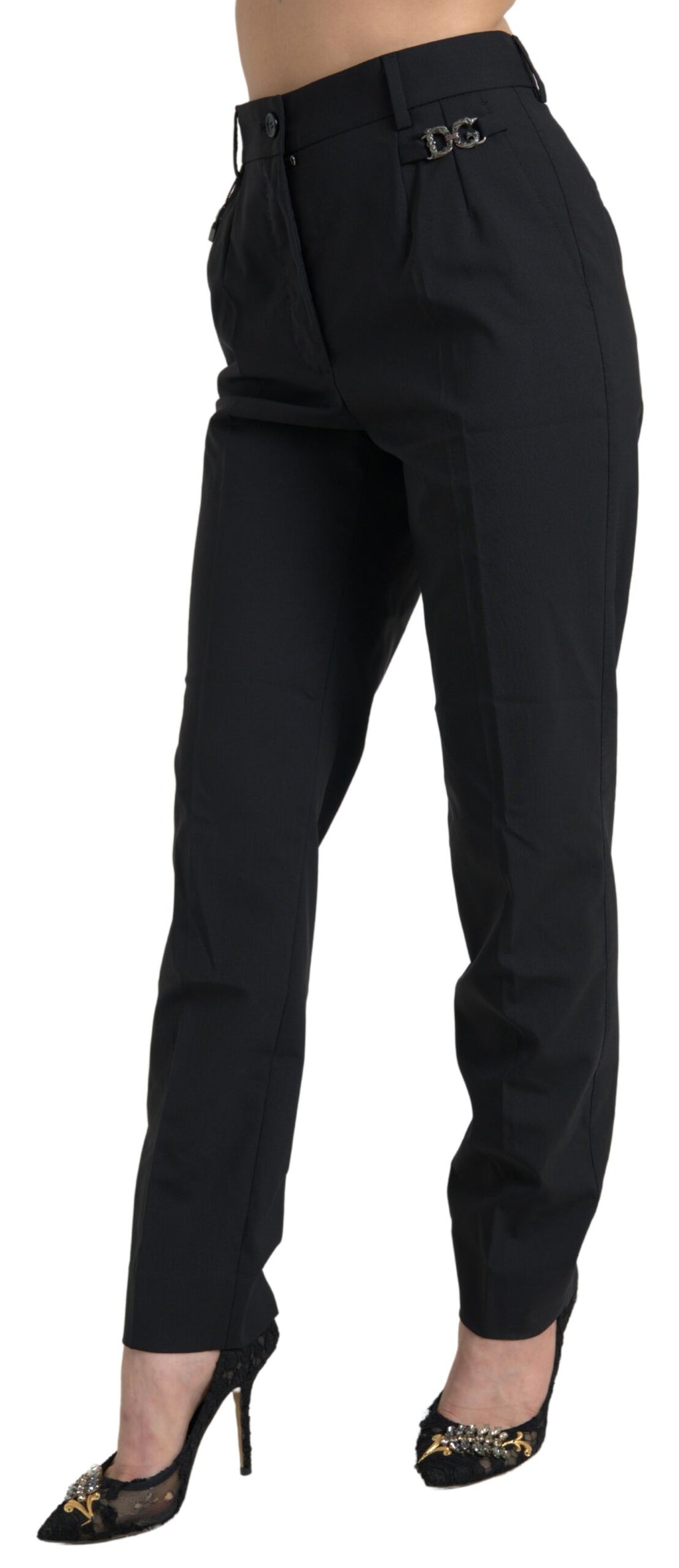 Dolce & Gabbana Schwarze High-Waist-Hose aus Wolle mit schmal zulaufendem Bein