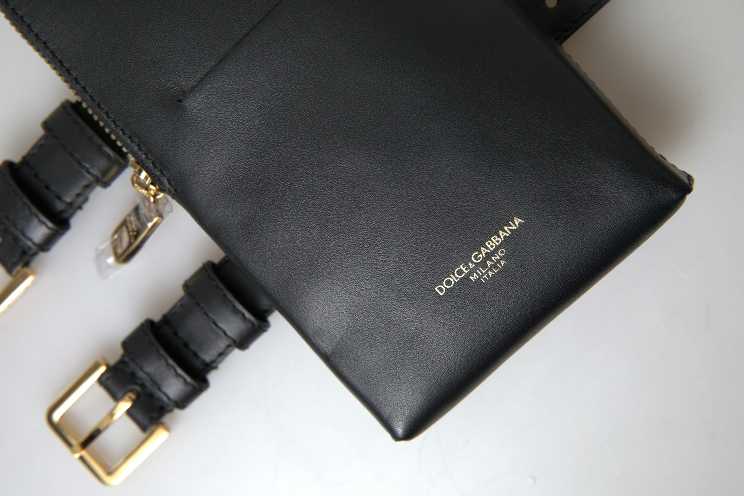 Dolce & Gabbana Schwarzes Leder Männer Geldbörse Double Belt Strap Armband Tasche