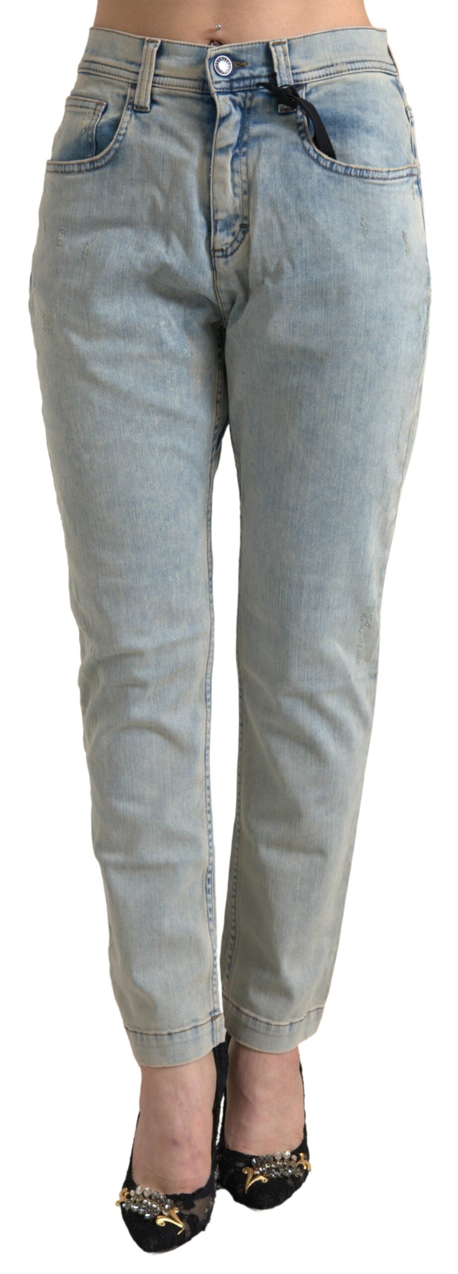 Dolce & Gabbana Blaue, gewaschene Baumwoll-Skinny-Jeans mit mittlerer Leibhöhe