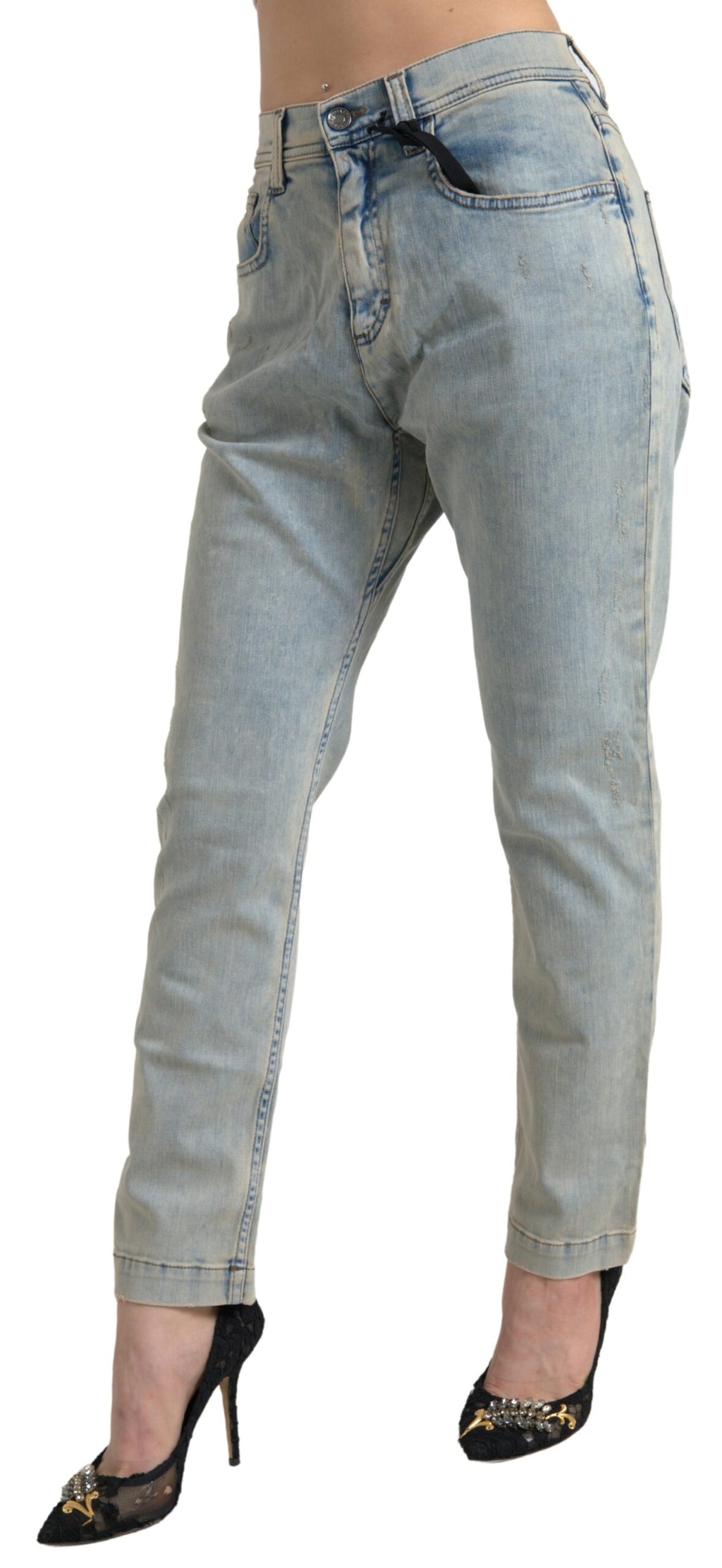 Dolce & Gabbana Blaue, gewaschene Baumwoll-Skinny-Jeans mit mittlerer Leibhöhe