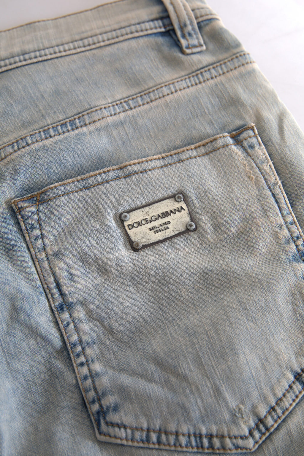 Dolce & Gabbana Blaue, gewaschene Baumwoll-Skinny-Jeans mit mittlerer Leibhöhe