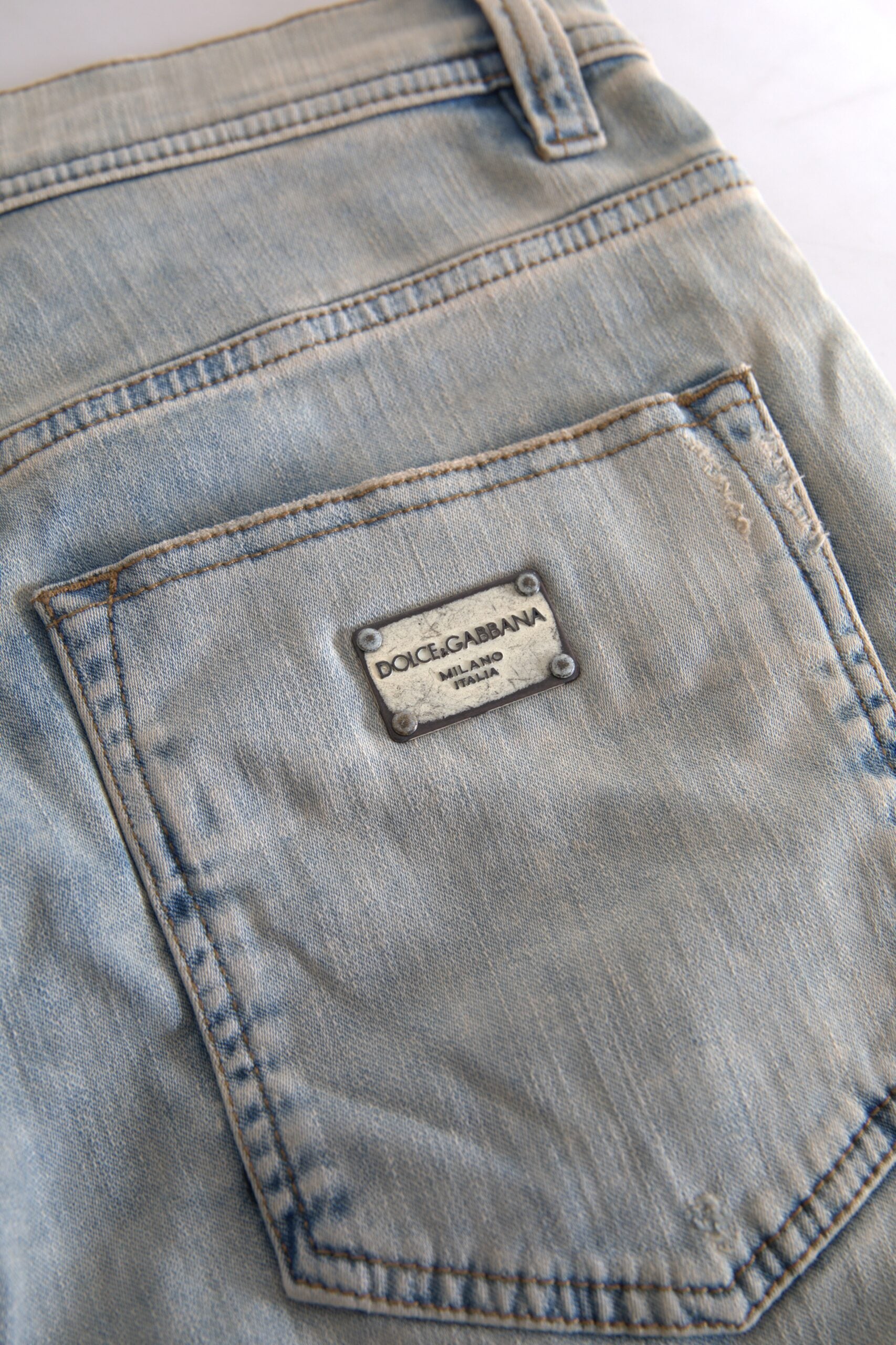 Dolce & Gabbana Blaue, gewaschene Baumwoll-Skinny-Jeans mit mittlerer Leibhöhe