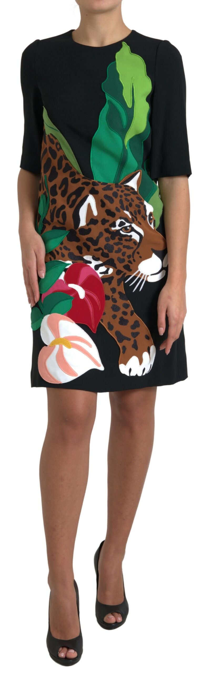 Dolce & Gabbana Schwarzes Tiger Dschungel Print Etuikleid aus Stretch