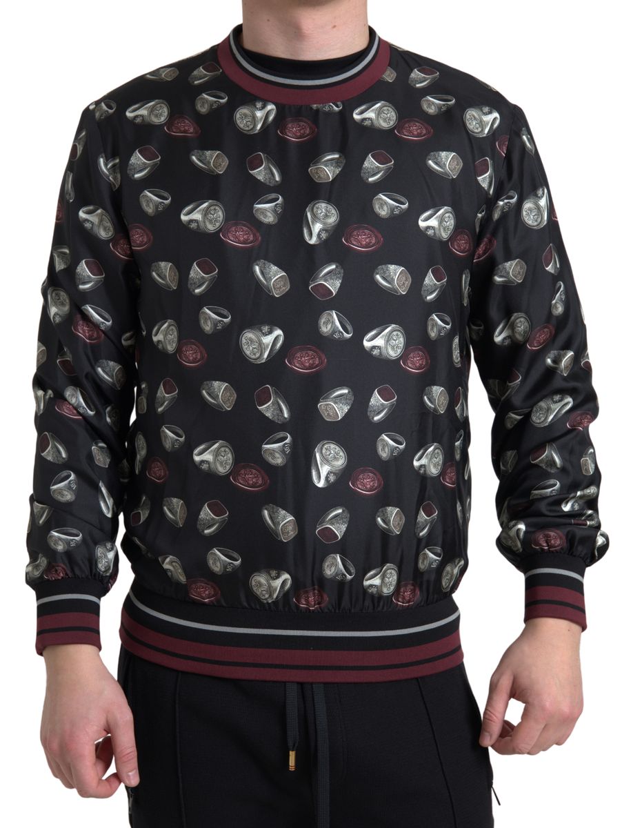Dolce & Gabbana Schwarzer Ringdruck Seidenpullover mit Rundhalsausschnitt