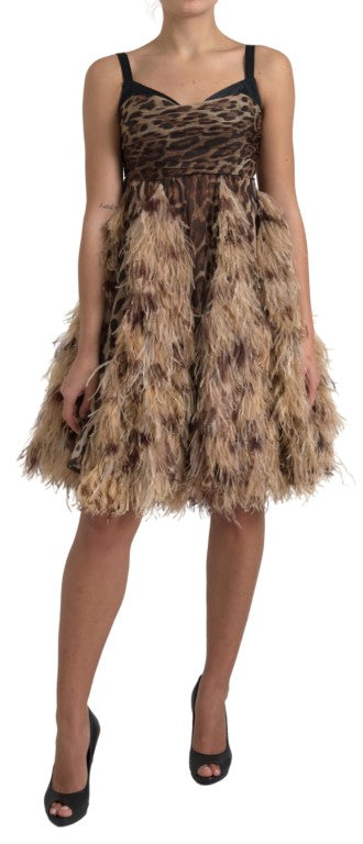 Dolce & Gabbana Braunes Leopardenfeder-Chiffon-Kleid ohne Ärmel