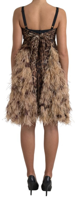 Dolce & Gabbana Braunes Leopardenfeder-Chiffon-Kleid ohne Ärmel