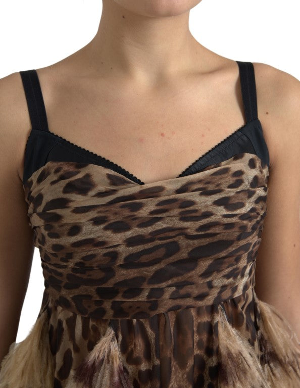 Dolce & Gabbana Braunes Leopardenfeder-Chiffon-Kleid ohne Ärmel