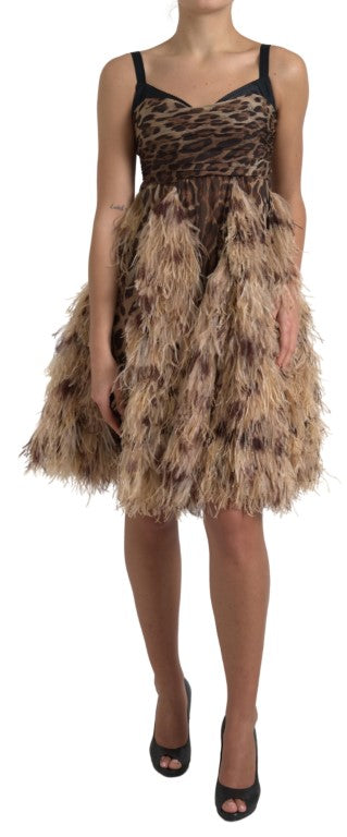 Dolce & Gabbana Braunes Leopardenfeder-Chiffon-Kleid ohne Ärmel