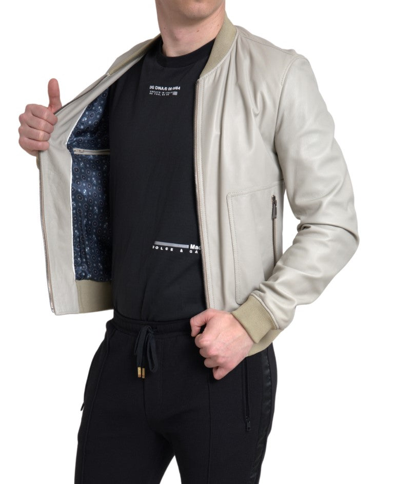 Dolce & Gabbana Cremefarbene Lederbomber-Blousonjacke mit durchgehendem Reißverschluss