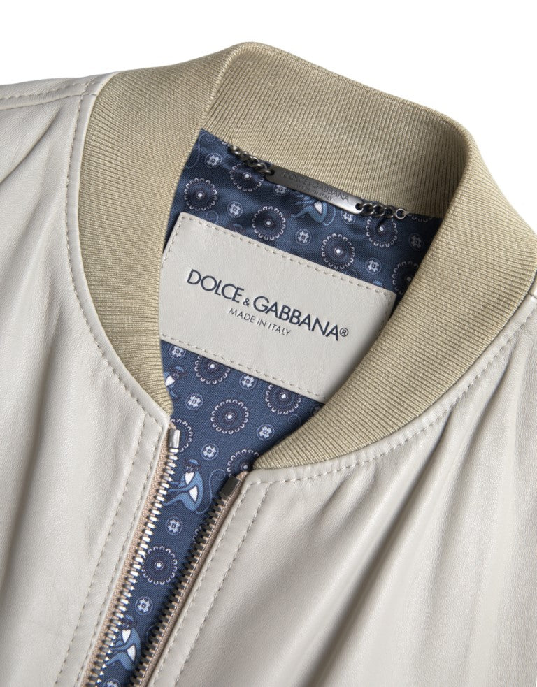 Dolce & Gabbana Cremefarbene Lederbomber-Blousonjacke mit durchgehendem Reißverschluss