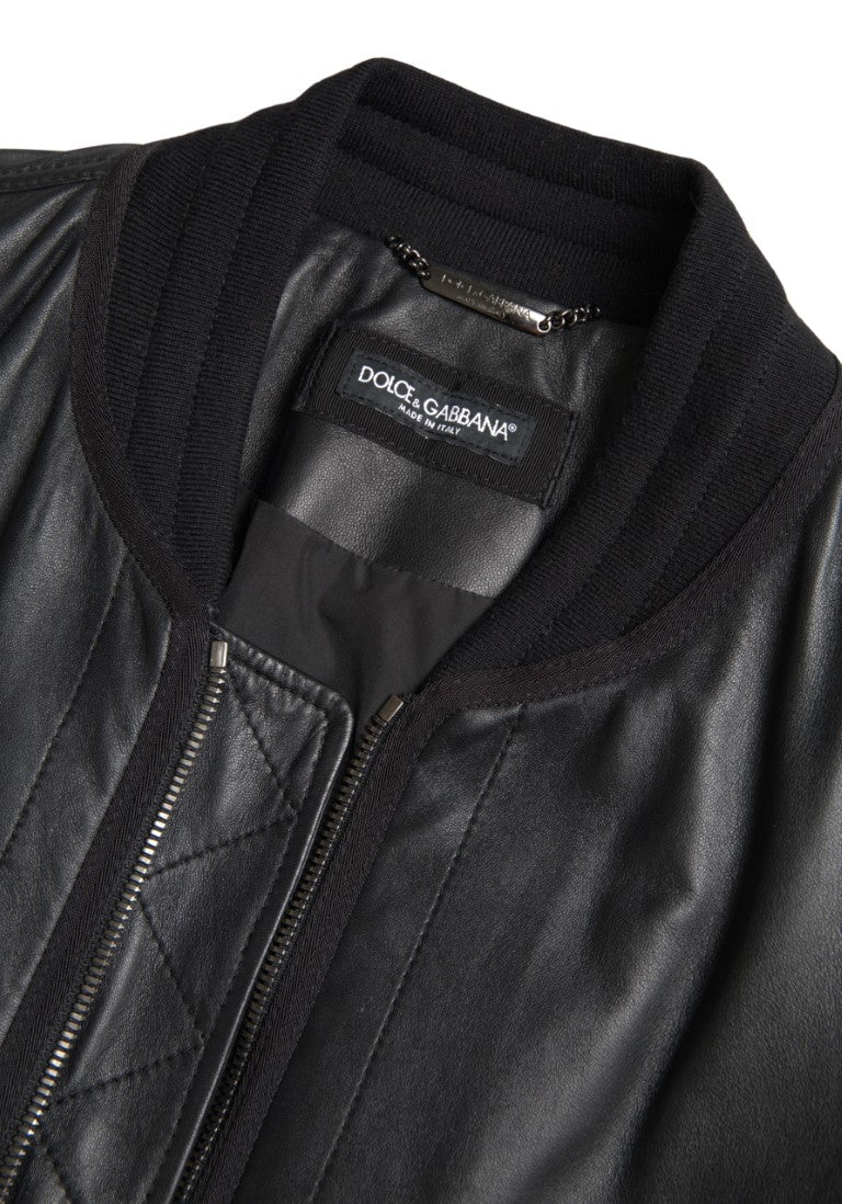 Dolce & Gabbana Schwarze Leder-Blouson-Bomberjacke mit durchgehendem Reißverschluss