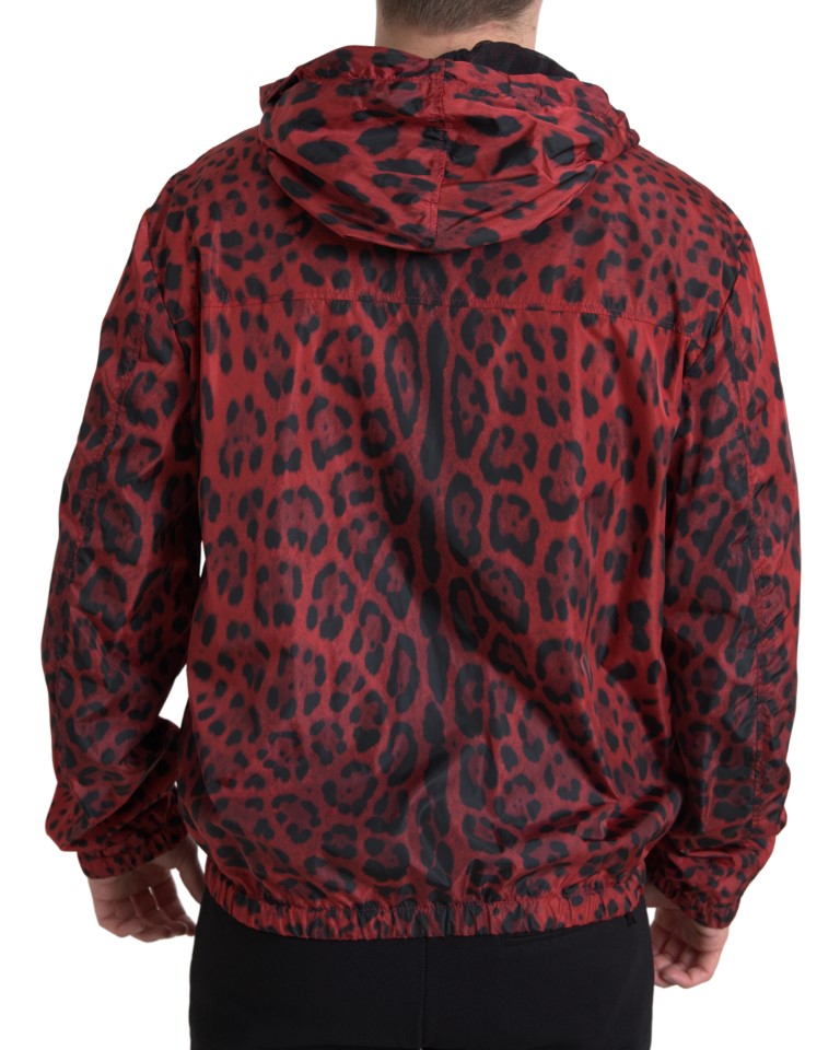 Dolce & Gabbana Rote Leoparden-Bomberjacke mit Kapuze und Reißverschluss
