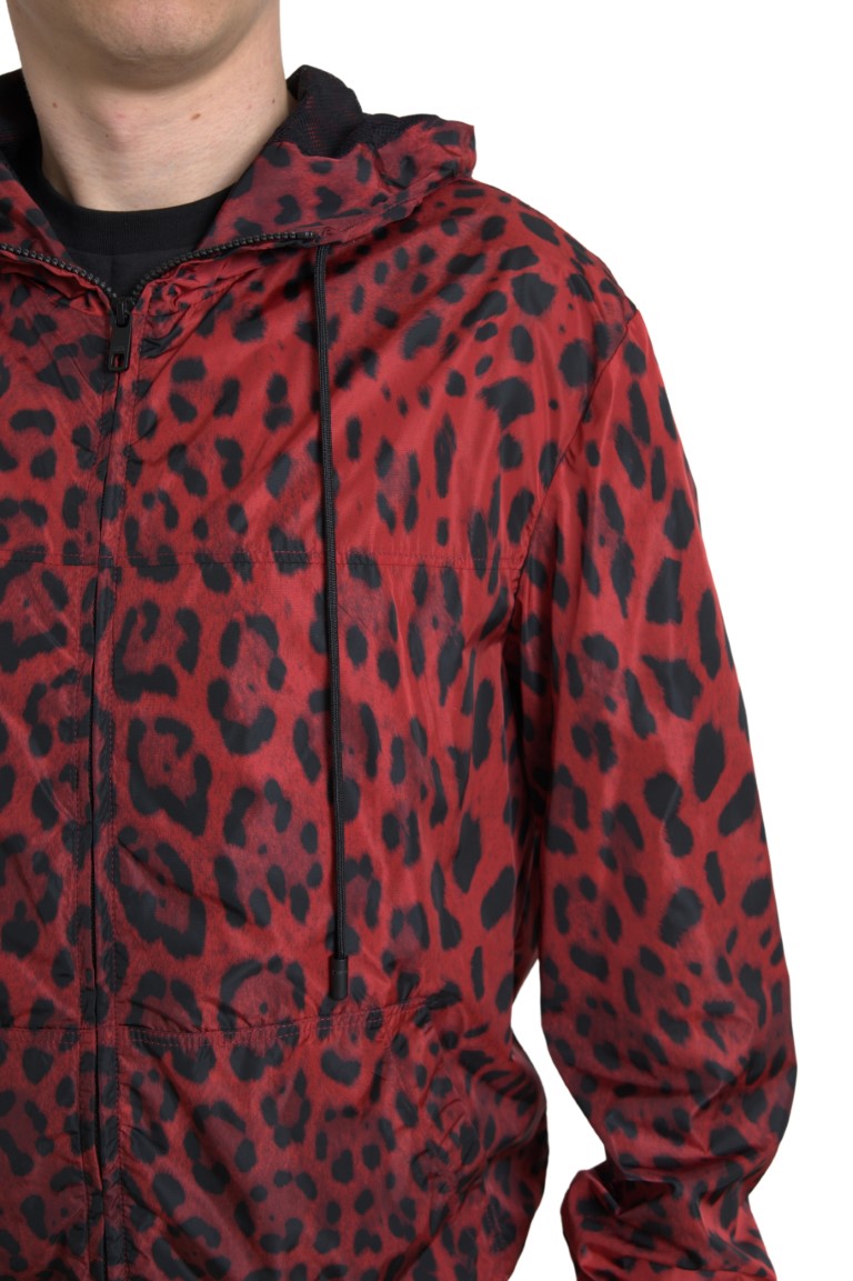 Dolce & Gabbana Rote Leoparden-Bomberjacke mit Kapuze und Reißverschluss