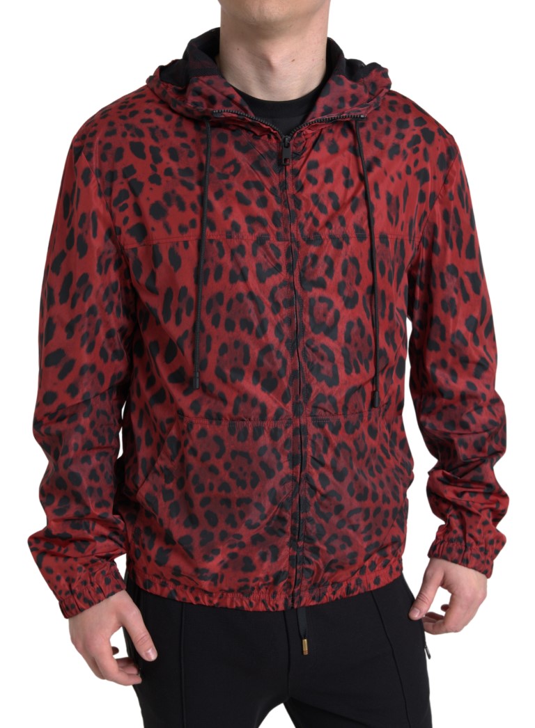 Dolce & Gabbana Rote Leoparden-Bomberjacke mit Kapuze und Reißverschluss