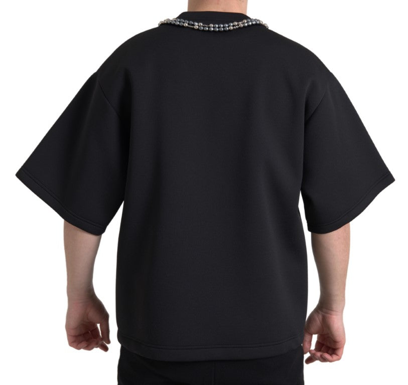 Dolce & Gabbana Schwarzes T-Shirt aus Polyester mit Halskettenverzierung