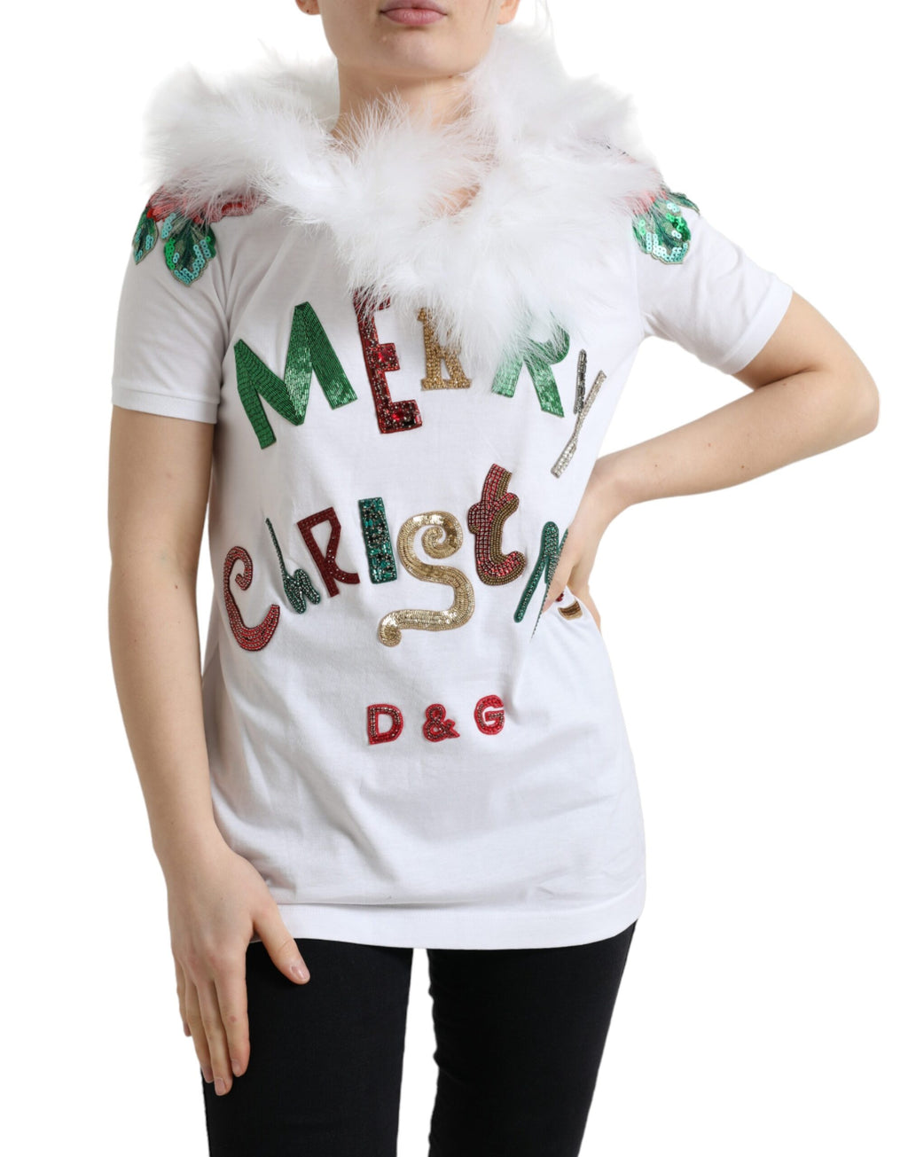 Dolce & Gabbana Weißes Baumwoll-Weihnachts-T-Shirt mit Paillettenpelz