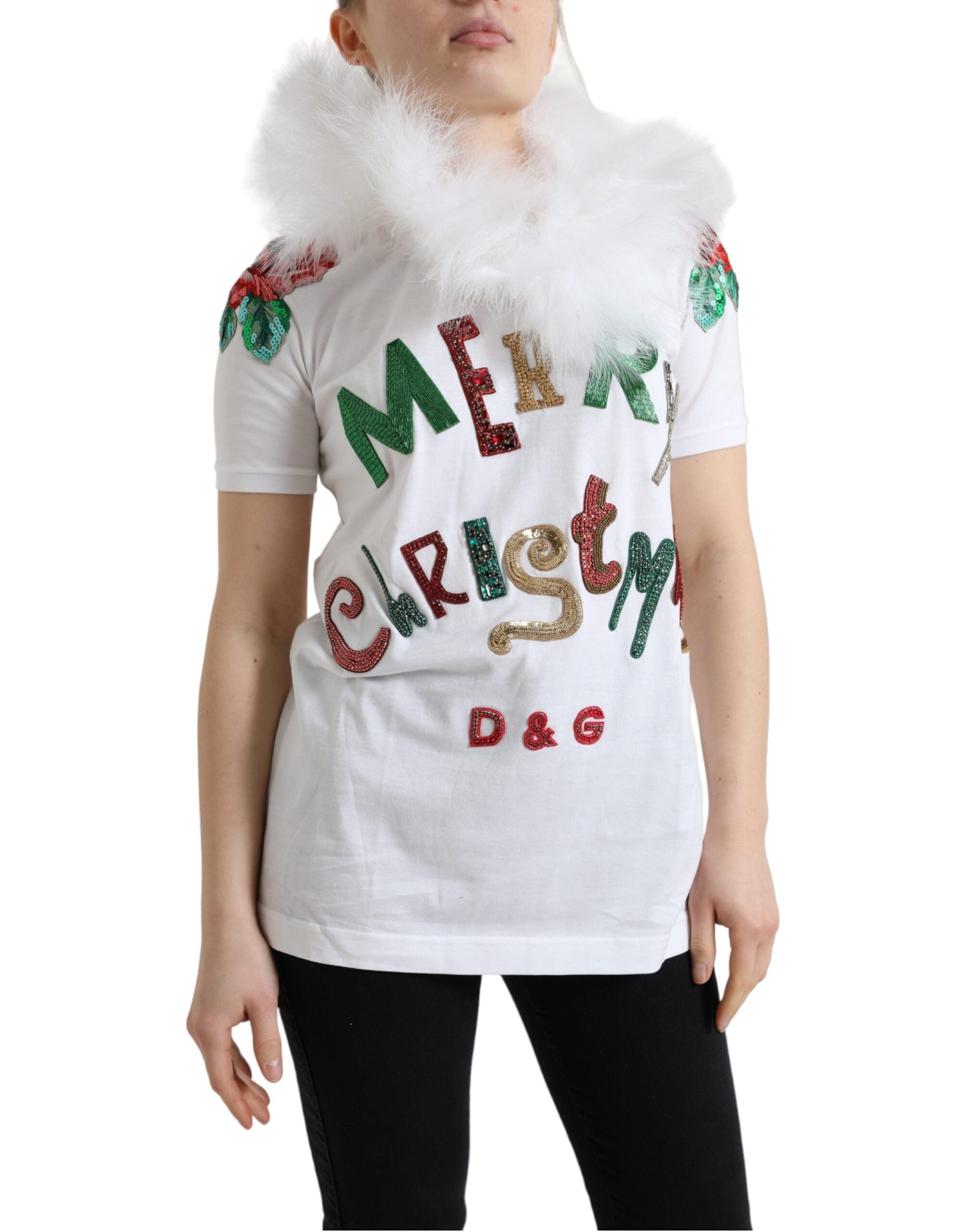 Dolce & Gabbana Weißes Baumwoll-Weihnachts-T-Shirt mit Paillettenpelz