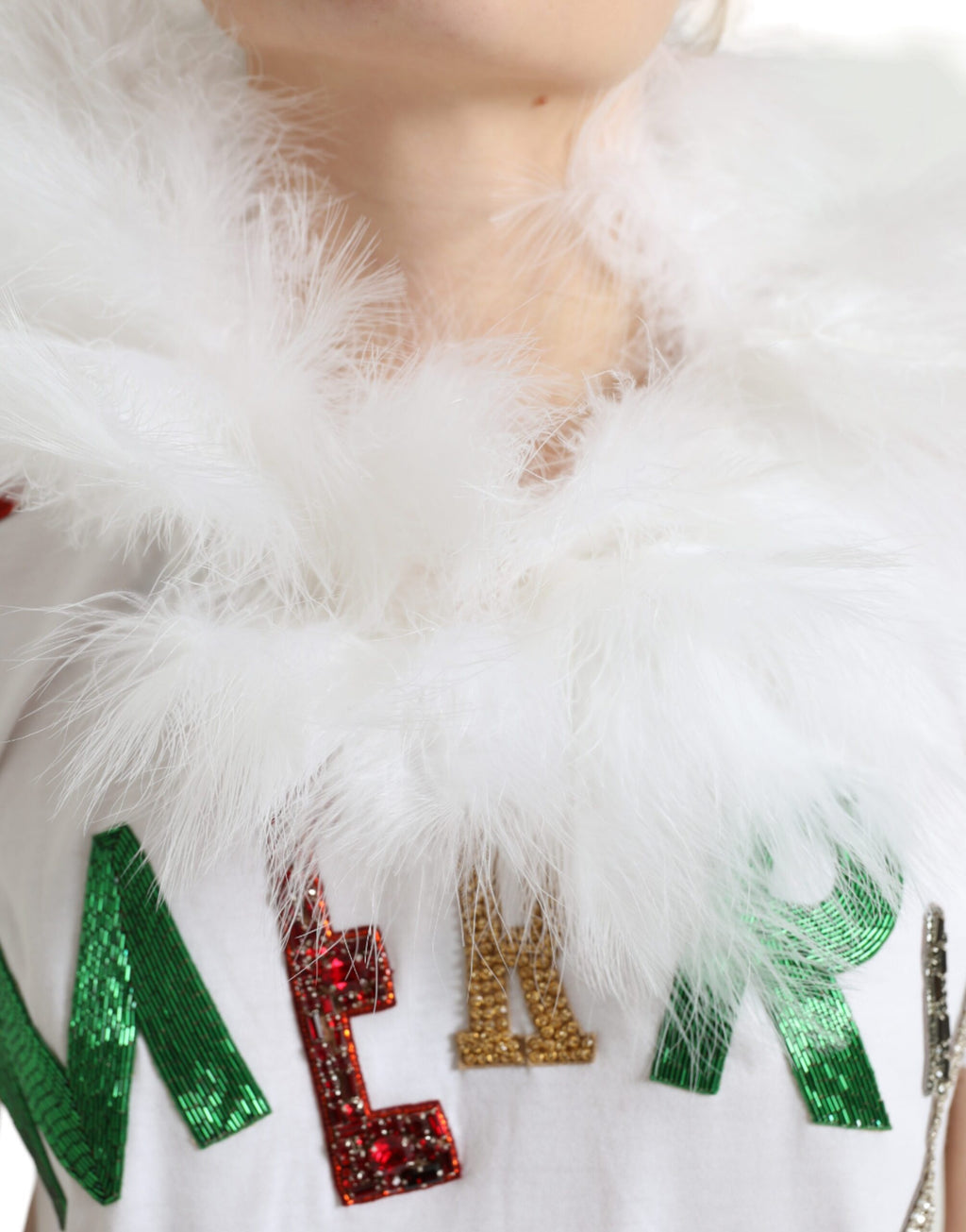 Dolce & Gabbana Weißes Baumwoll-Weihnachts-T-Shirt mit Paillettenpelz