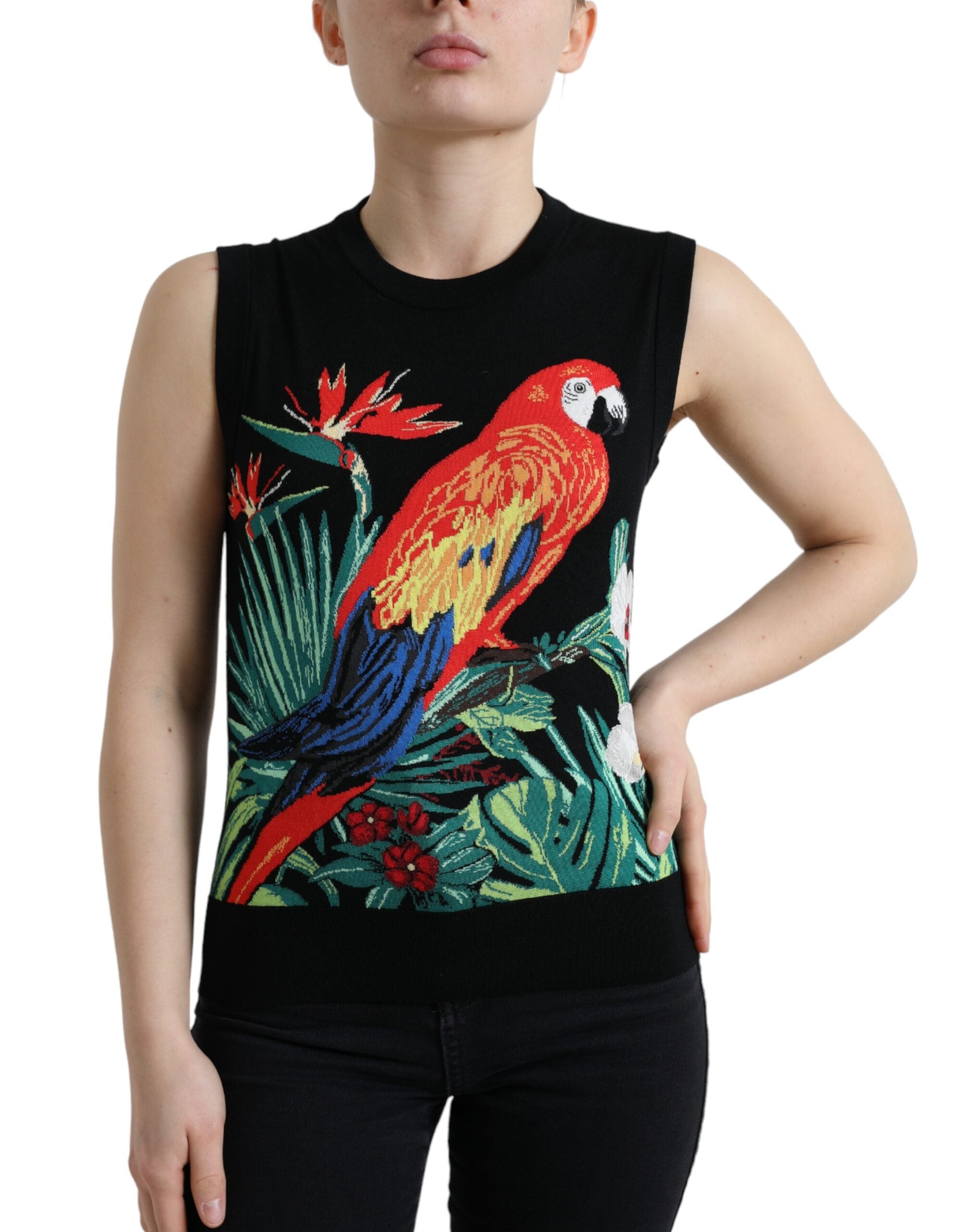 Dolce & Gabbana Schwarzer Vogel Wolle stricken ärmelloses Tank-T-Shirt