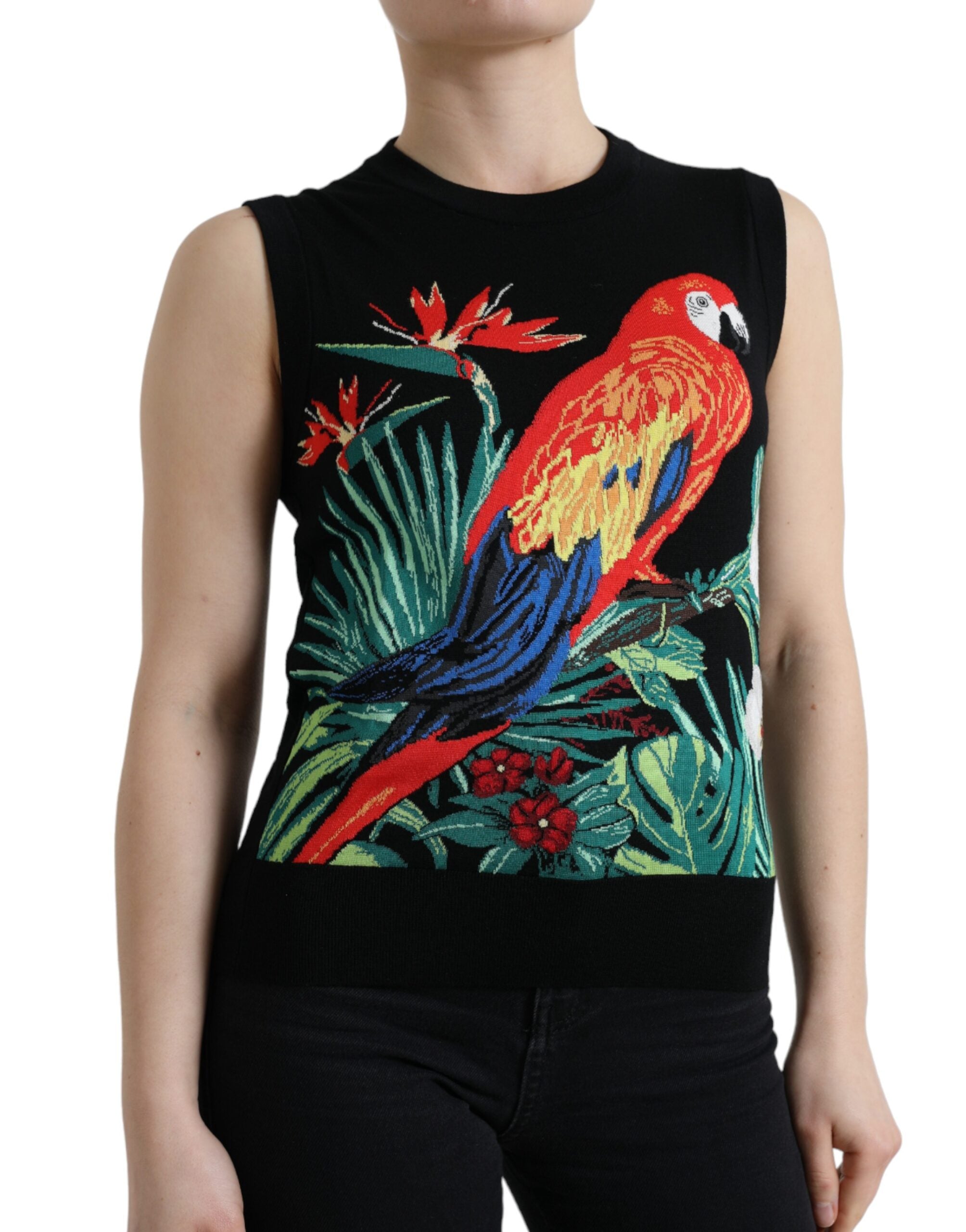 Dolce & Gabbana Schwarzer Vogel Wolle stricken ärmelloses Tank-T-Shirt