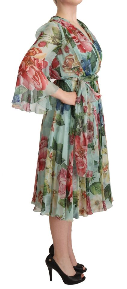 Dolce & Gabbana Multicolor Grün Floral Seiden Wickel Midikleid