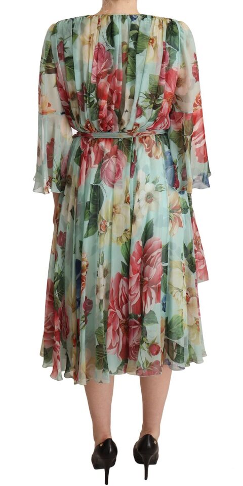 Dolce & Gabbana Multicolor Grün Floral Seiden Wickel Midikleid