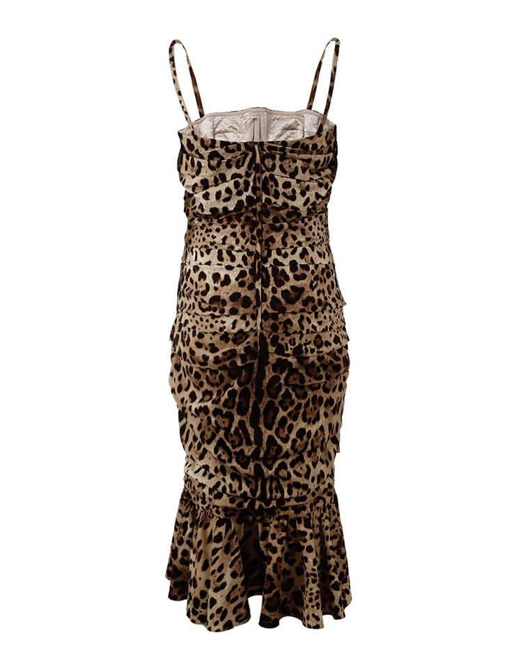 Dolce & Gabbana Braunes Midikleid mit Leopardenmuster und Rüschen