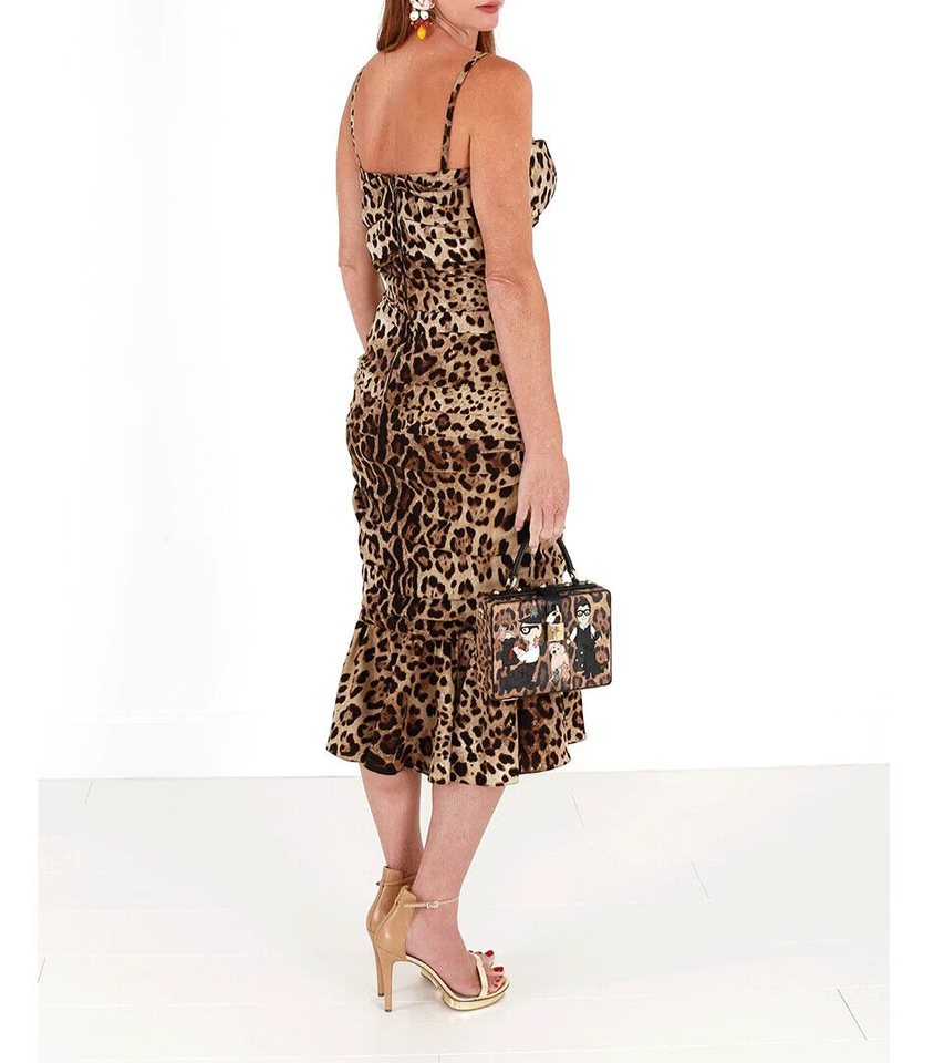 Dolce & Gabbana Braunes Midikleid mit Leopardenmuster und Rüschen