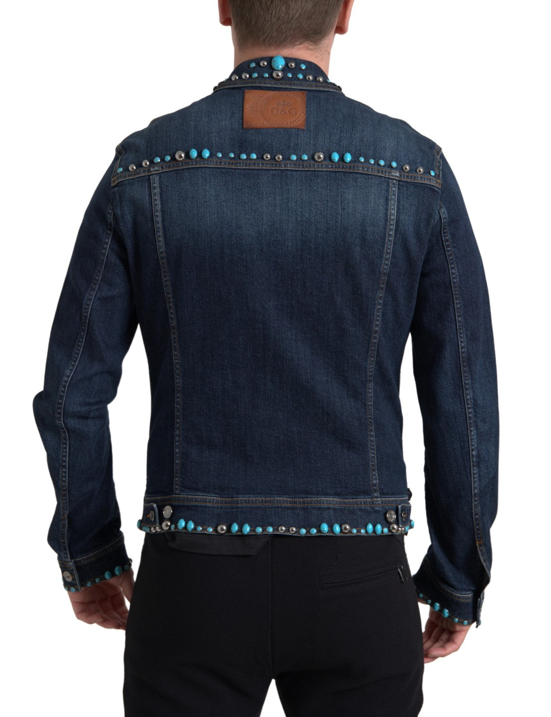 Dolce & Gabbana Blaue Denim-Jacke mit türkisfarbenen Steinen und Nieten