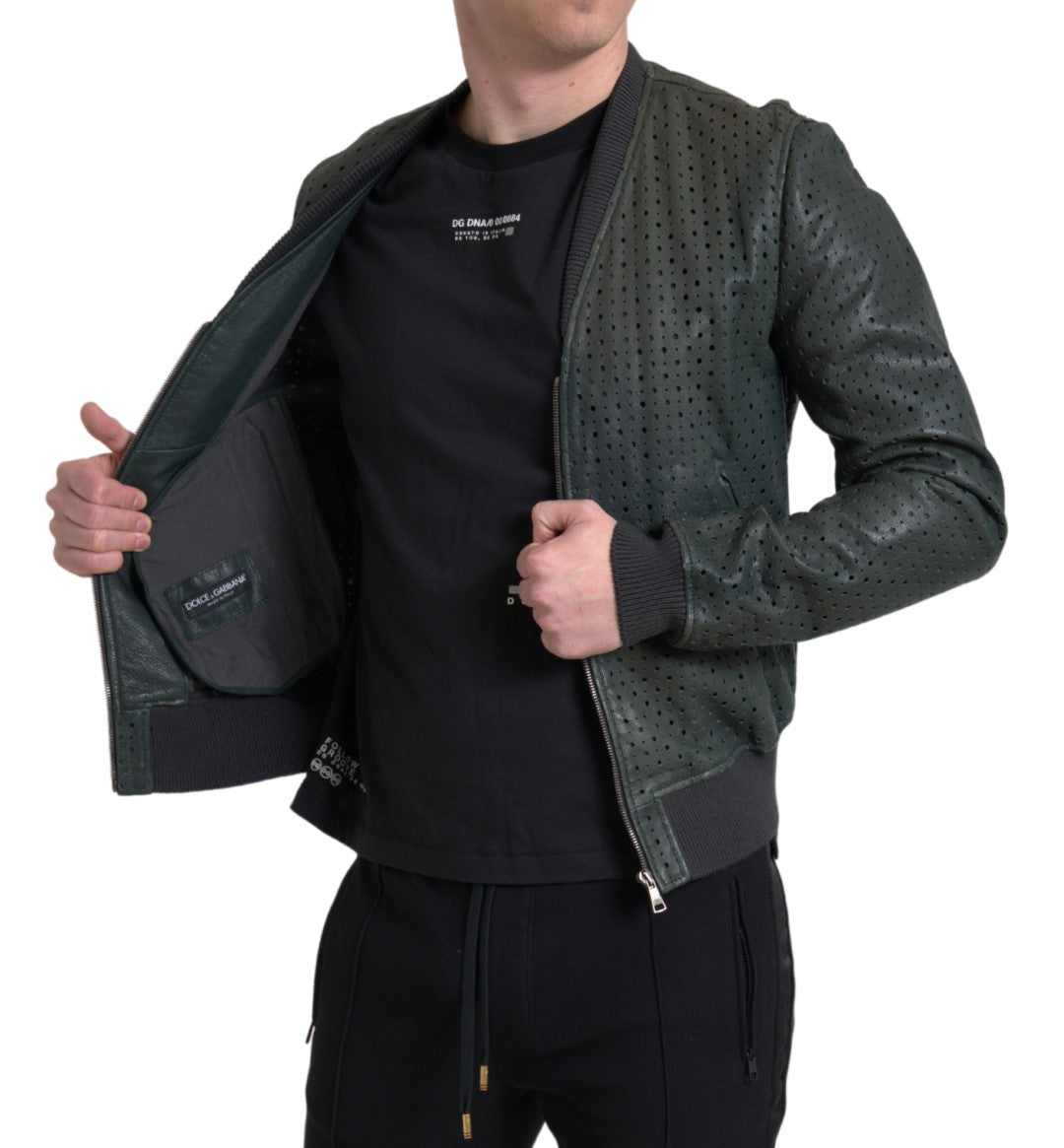 Dolce & Gabbana Grüne Bomberjacke aus Leder mit Perforation