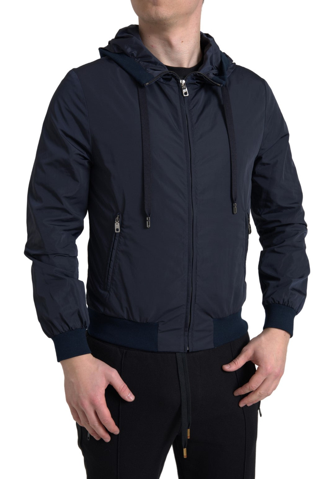 Dolce & Gabbana Blauer Logo-Pullover mit Kapuze und durchgehendem Reißverschluss aus Polyester