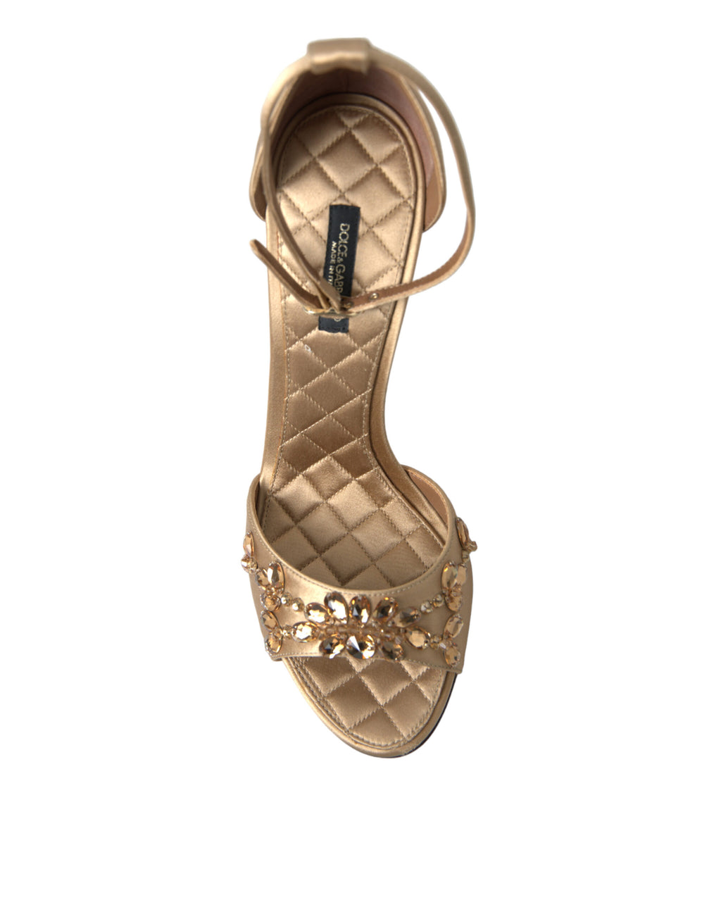 Dolce & Gabbana Goldene Satin-Sandalen mit Knöchelriemen und Kristallen