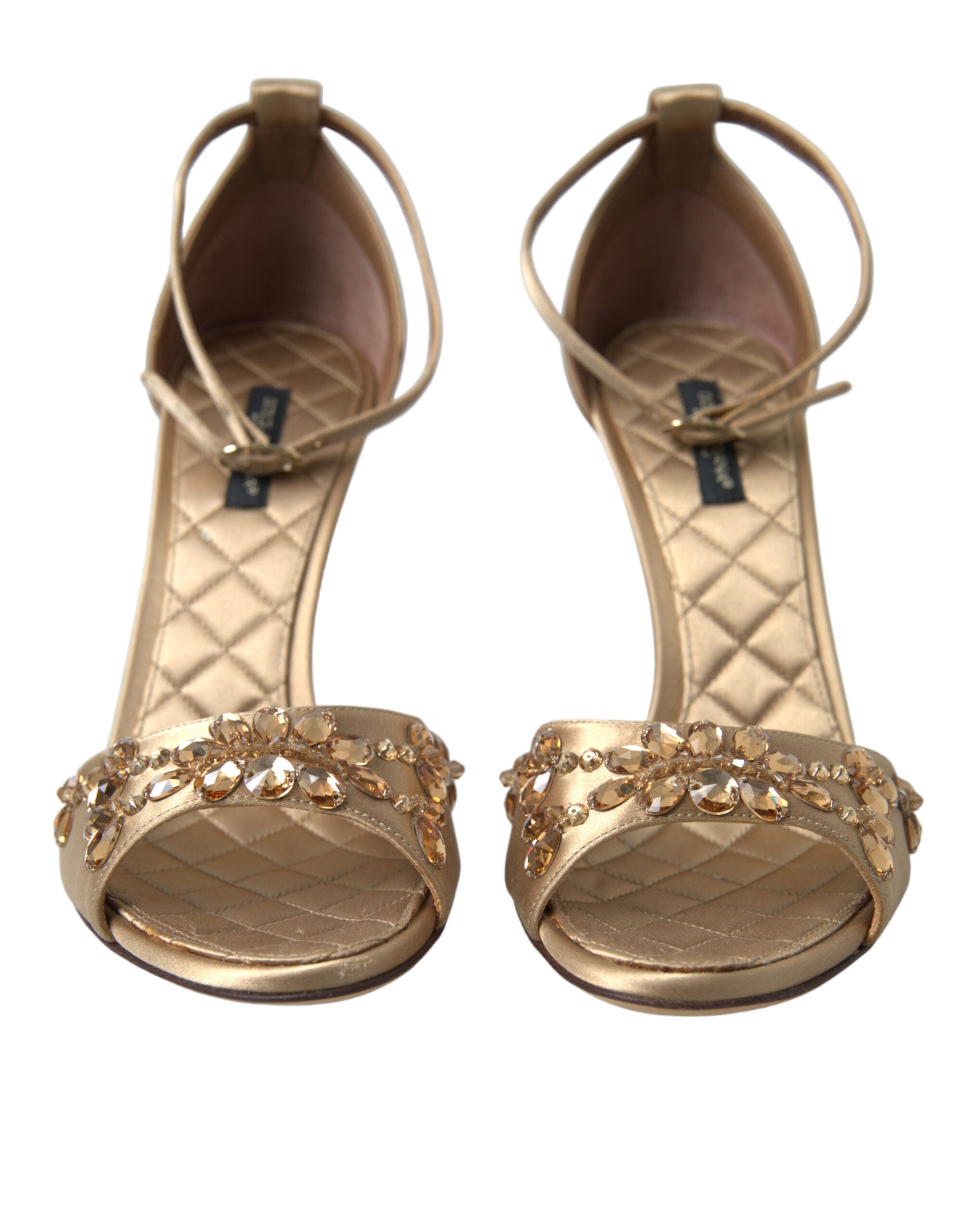 Dolce & Gabbana Goldene Satin-Sandalen mit Knöchelriemen und Kristallen