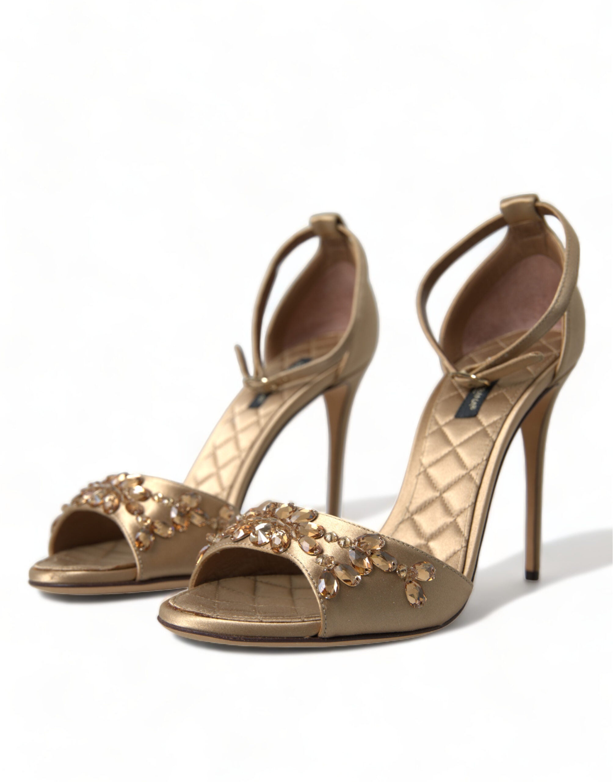 Dolce & Gabbana Goldene Satin-Sandalen mit Knöchelriemen und Kristallen