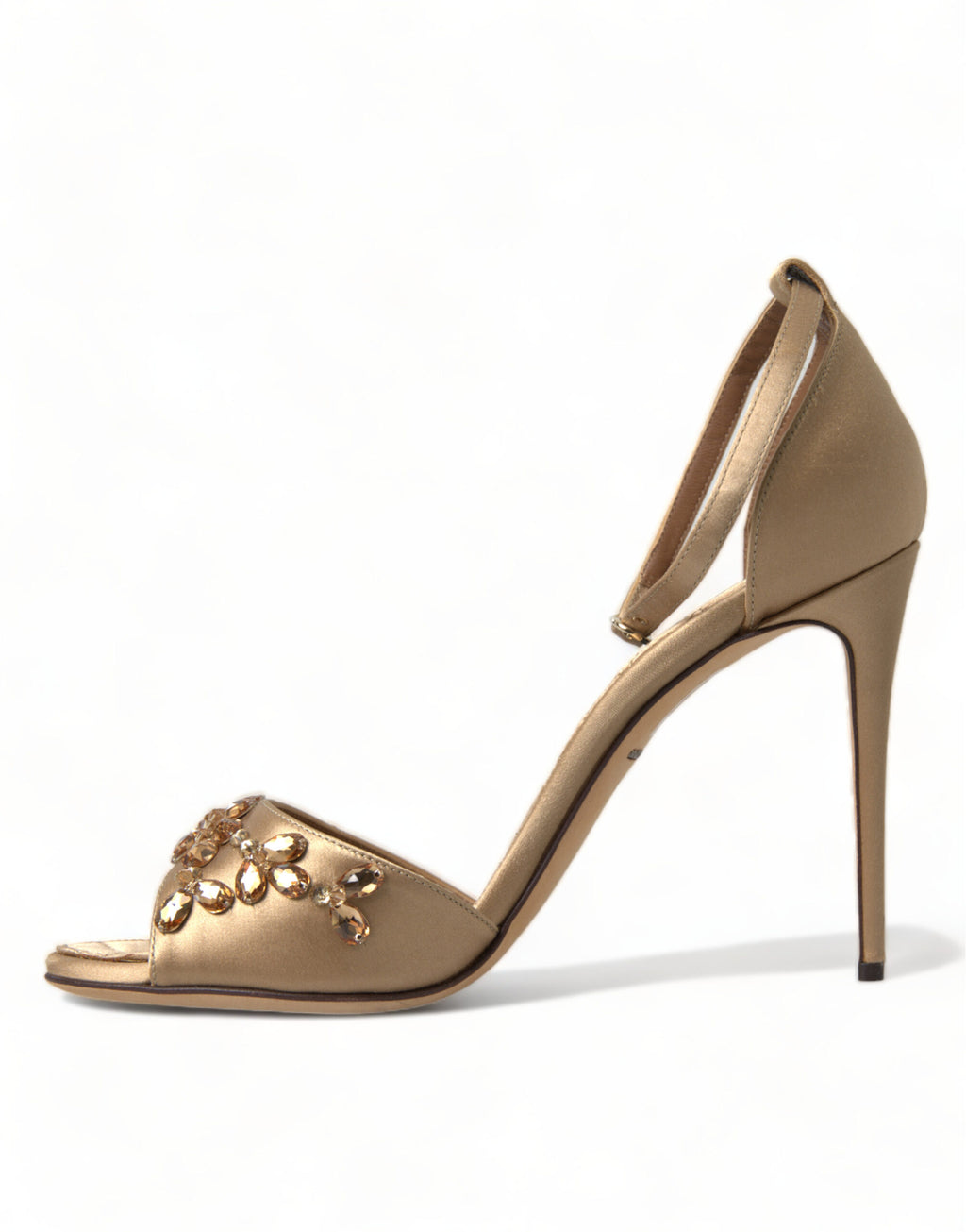 Dolce & Gabbana Goldene Satin-Sandalen mit Knöchelriemen und Kristallen