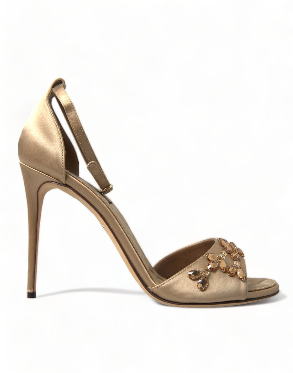 Dolce & Gabbana Goldene Satin-Sandalen mit Knöchelriemen und Kristallen