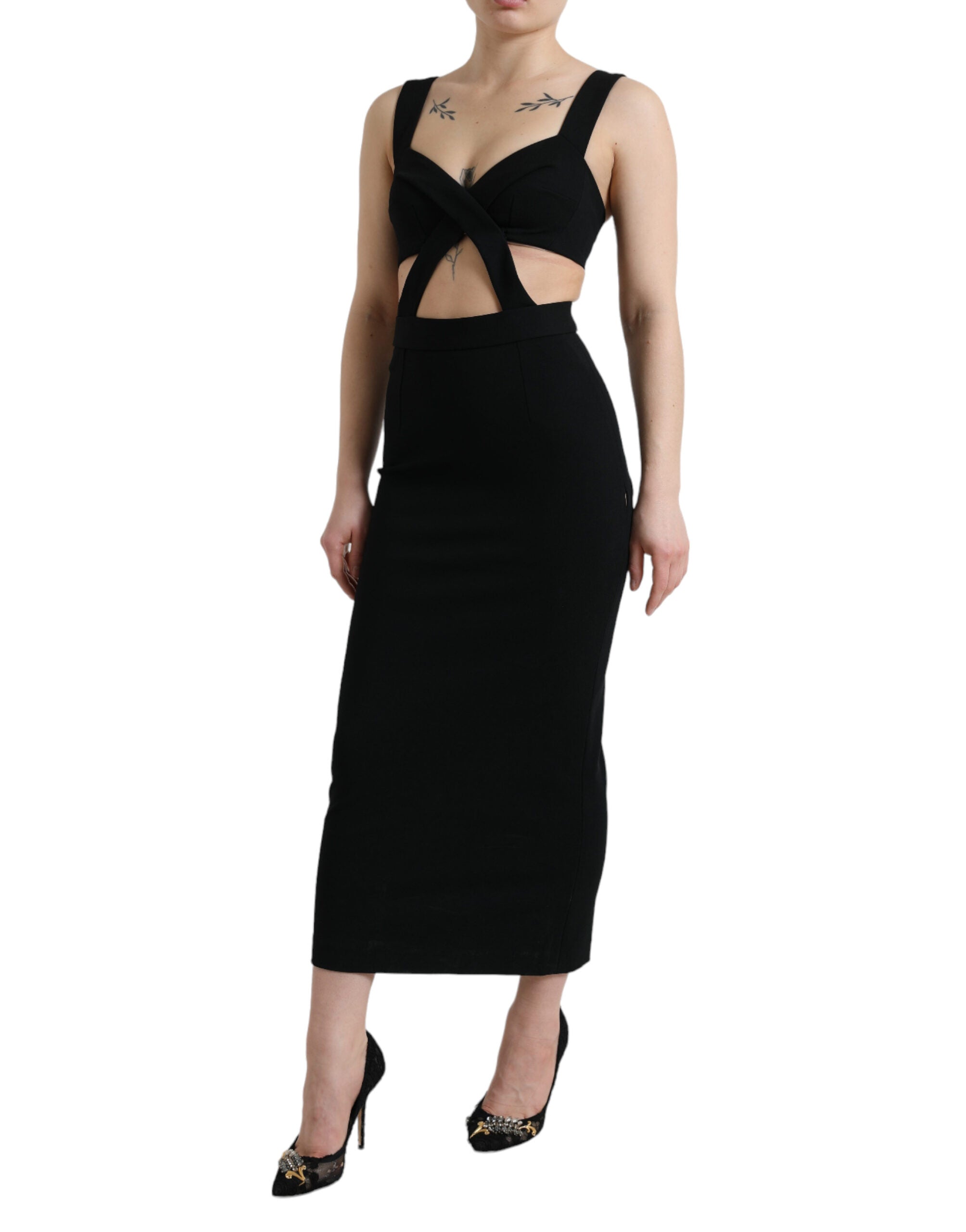 Dolce & Gabbana Schwarzes ausgeschnittenes ärmelloses Bodycon Midikleid