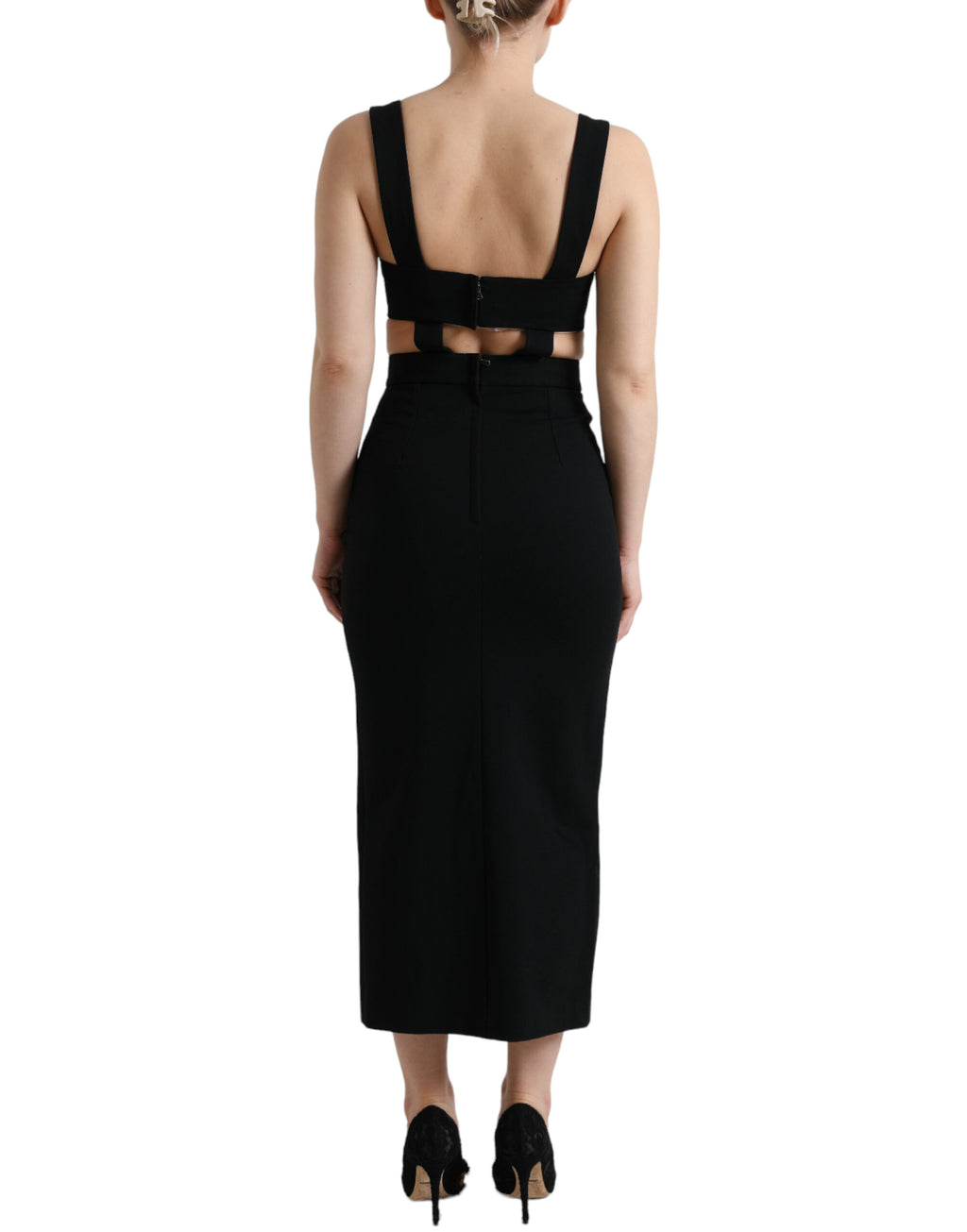 Dolce & Gabbana Schwarzes ausgeschnittenes ärmelloses Bodycon Midikleid