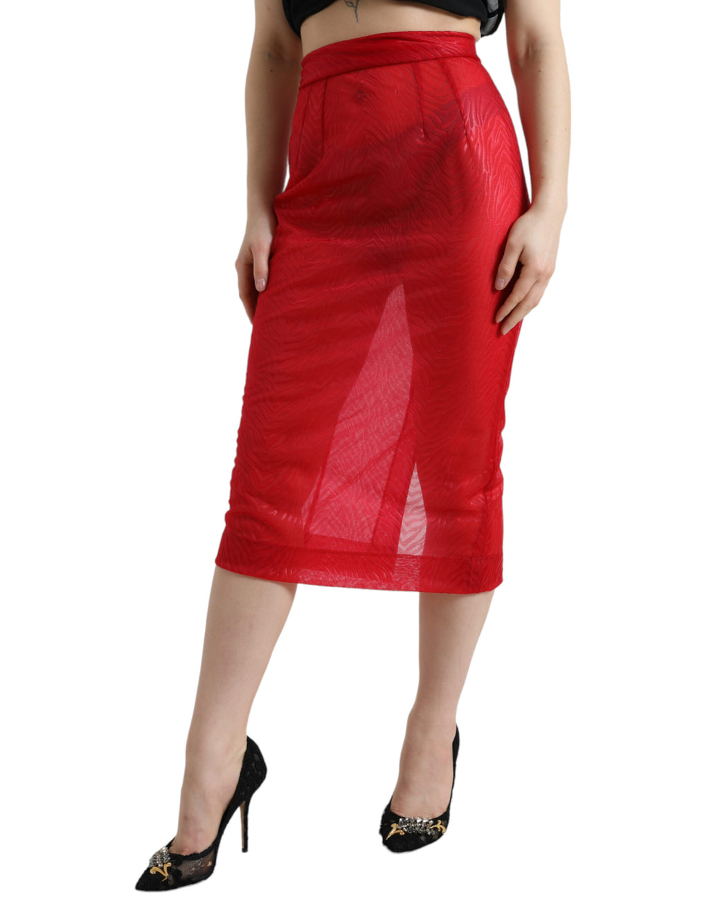 Dolce & Gabbana Roter durchsichtiger Midirock mit hoher Taille und Bleistiftschnitt