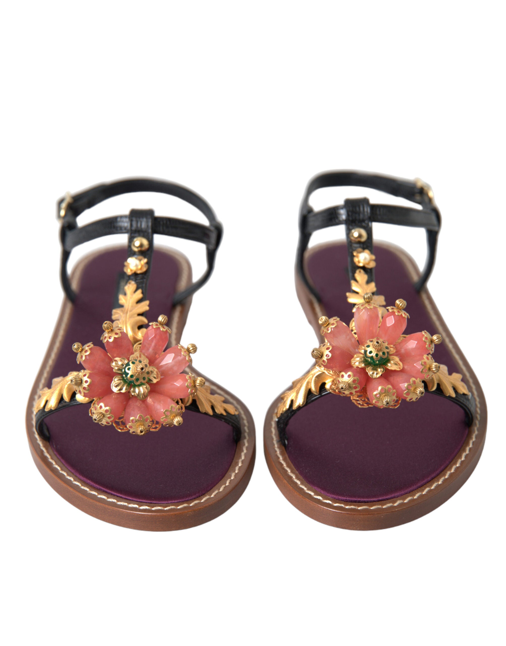 Dolce & Gabbana Schwarze Kristallgold-Sandalen aus Leder