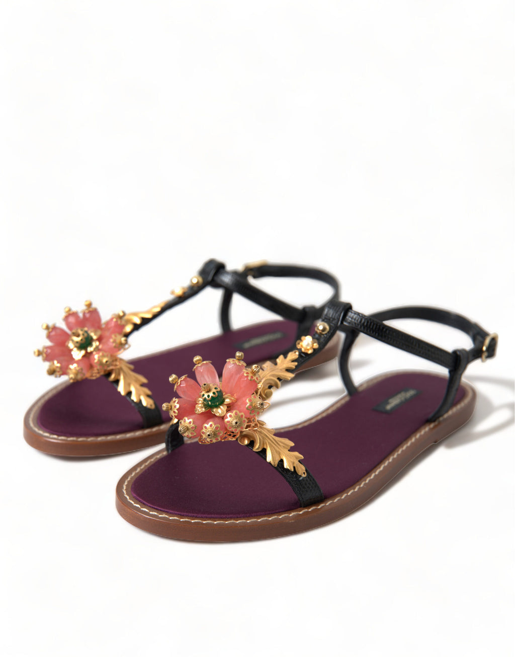 Dolce & Gabbana Schwarze Kristallgold-Sandalen aus Leder