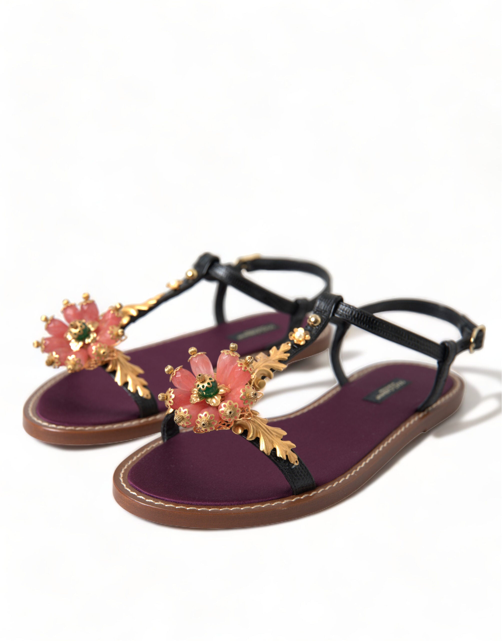 Dolce & Gabbana Schwarze Kristallgold-Sandalen aus Leder