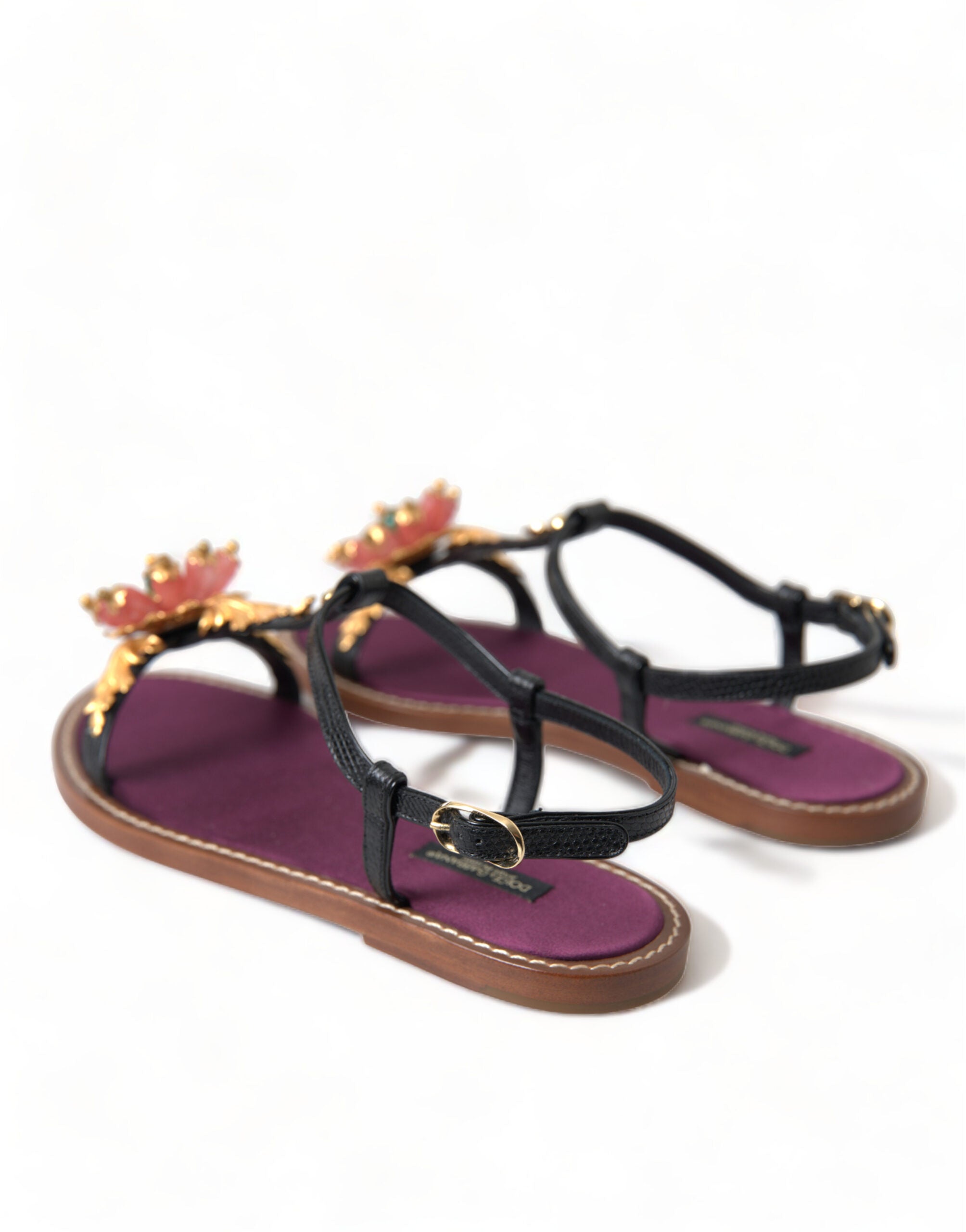 Dolce & Gabbana Schwarze Kristallgold-Sandalen aus Leder
